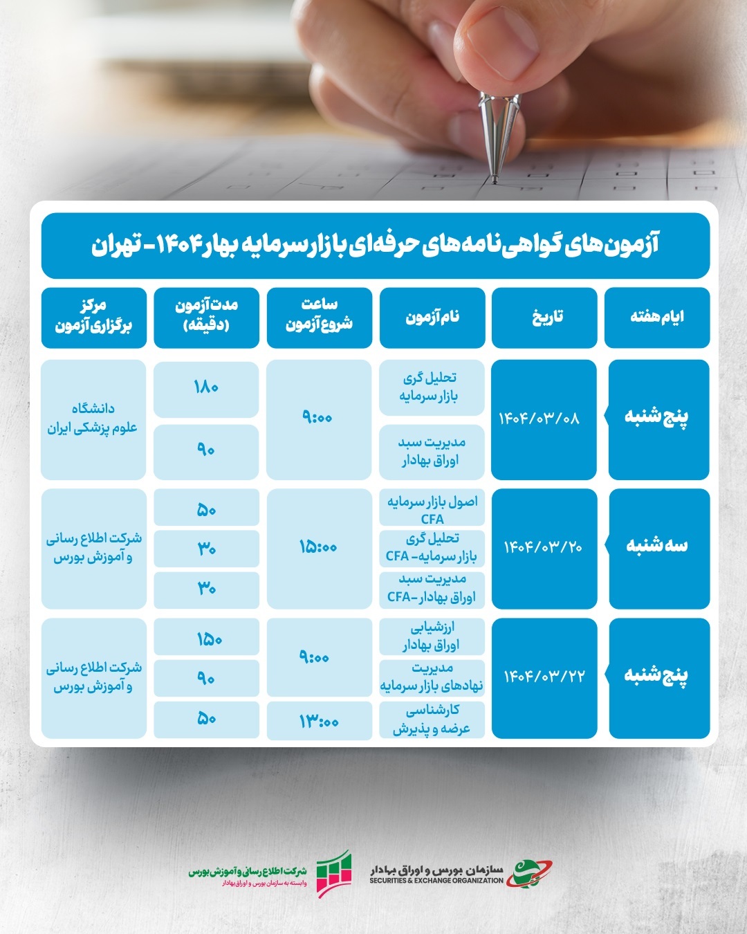 زمان آزمون‌های گواهینامه‌های حرفه‌ای بازار سرمایه اعلام شد