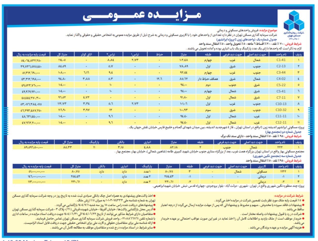 مزایده فروش ۱۵ واحد مسکونی و درمانی